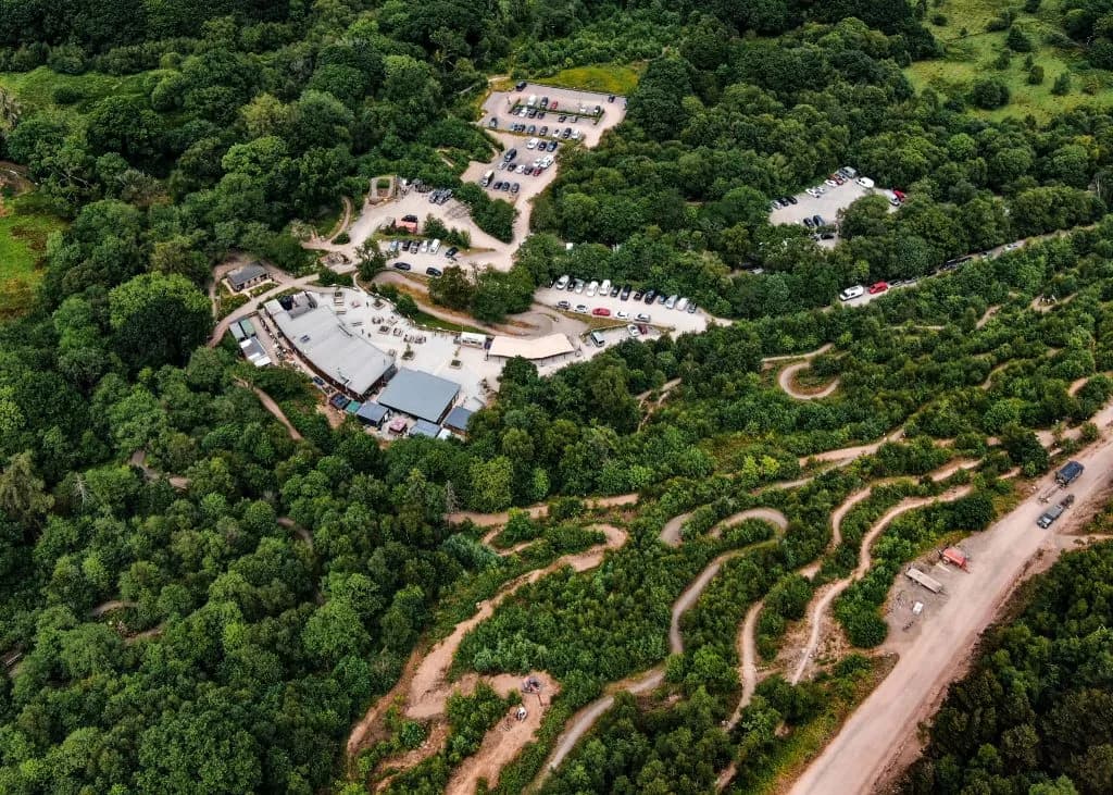 Aerial drone shot of Bike Park Wales mountain biking in Merthyr Tydfil